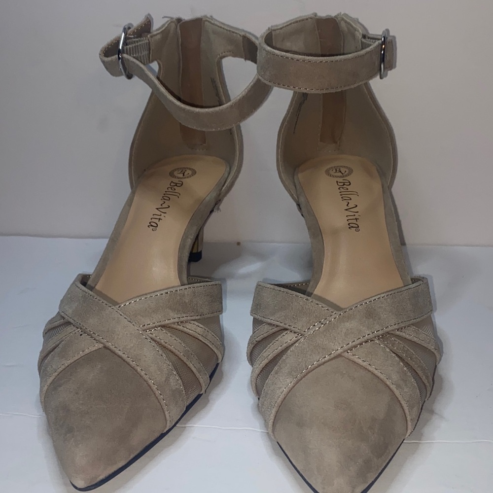 Bella Vita Taupe Suede Pointed Ankle-Strap Heels with Crisscross Straps